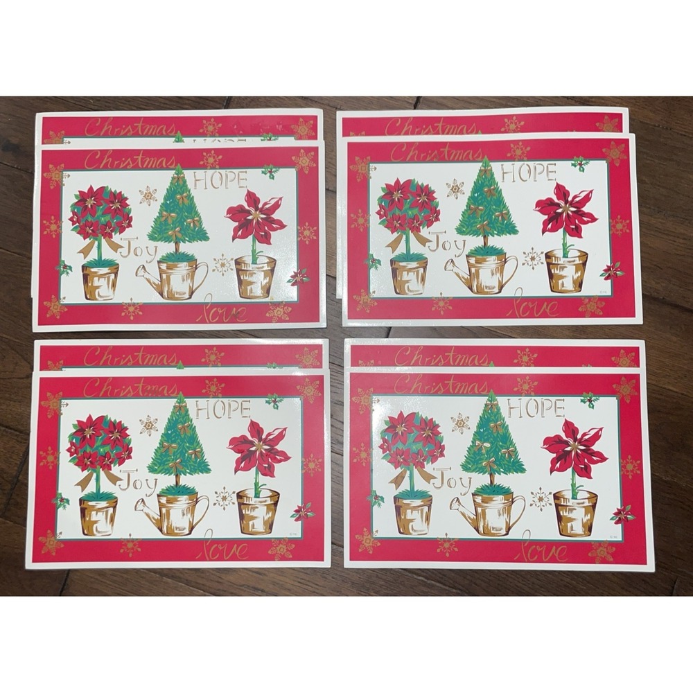 Vintage Christmas Vinyl Placemats Town Country Poinsettia Xmas Set 8 Potted Tree